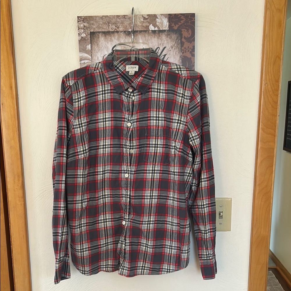 J Crew grey, red and white Plaid button down flannel shirt
